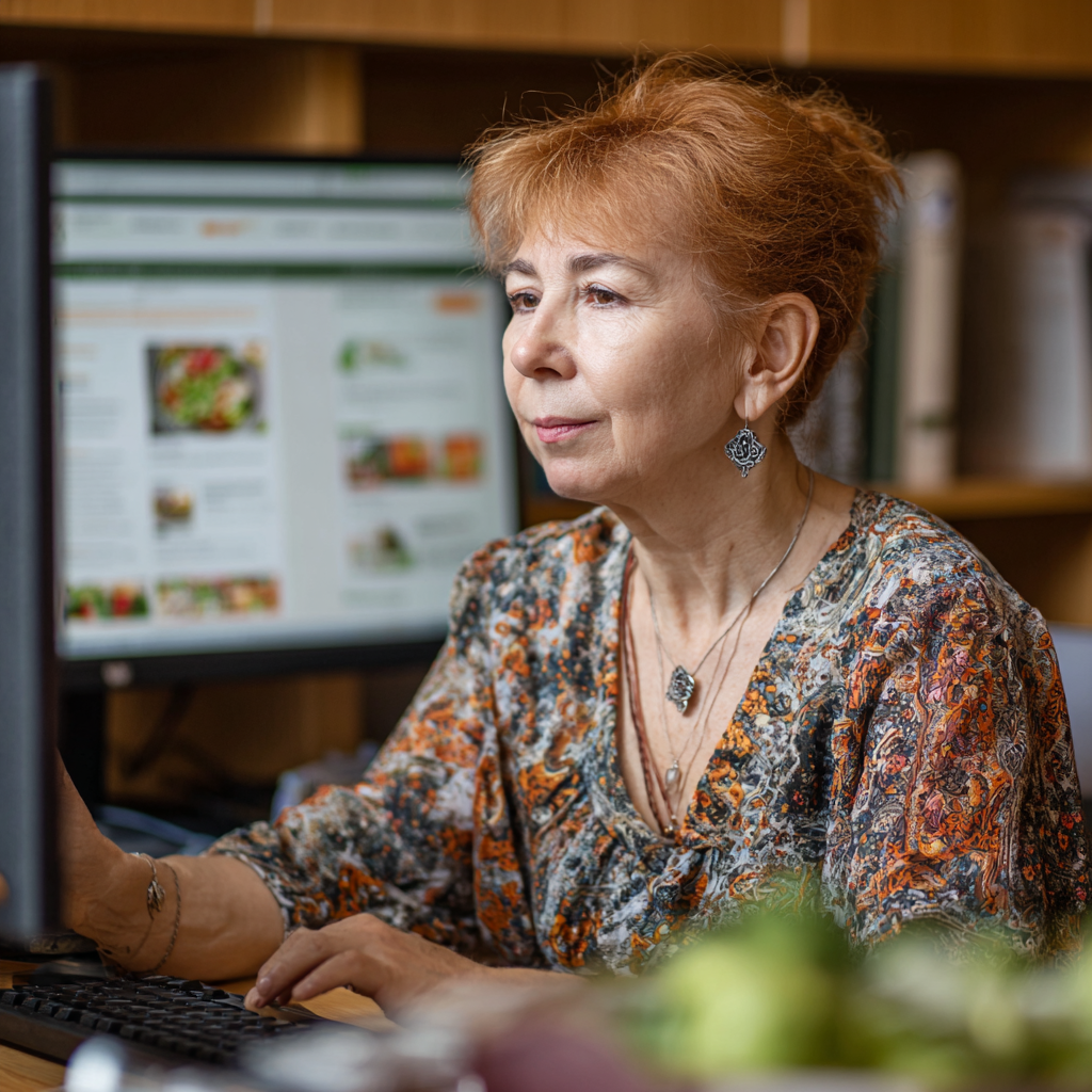 Дієтолог Олена Петрівна, 58 років, створює персоналізоване меню для клієнта за комп'ютером