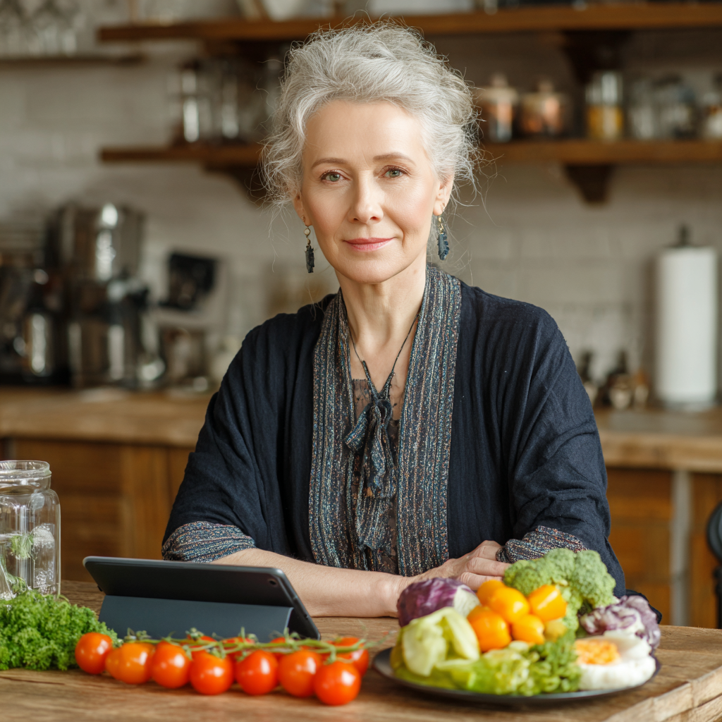 Професійний дієтолог Марина Іванівна, 55 років, демонструє здорове планування харчування на планшеті